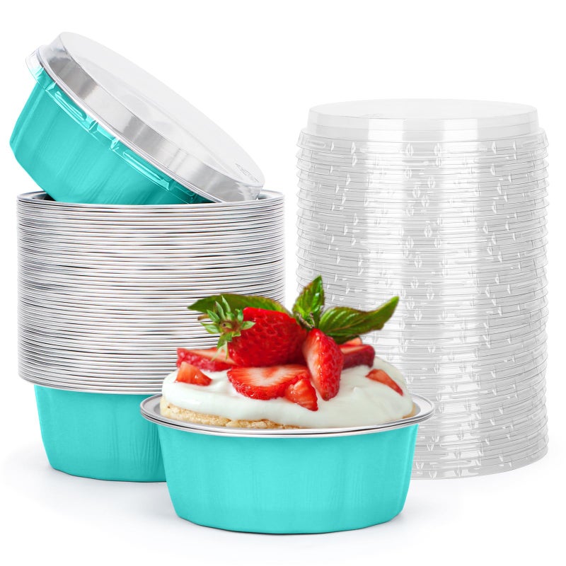 Beasea 8 oz 50 Pack Disposable Ramekins with Lids, Aluminum Cups for Baking Elegant Blue Aluminum Foil Cups Creme Brulee Muffin Cupcake Baking Cup Mini Pudding Cups for Party Wedding Birthday - Image 1